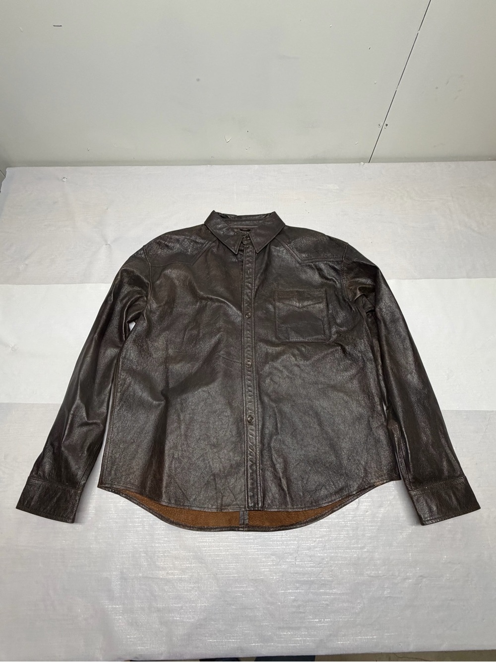 Men's Dark Brown Leather Shirt Jacket - Classic Button Front Sz: Large